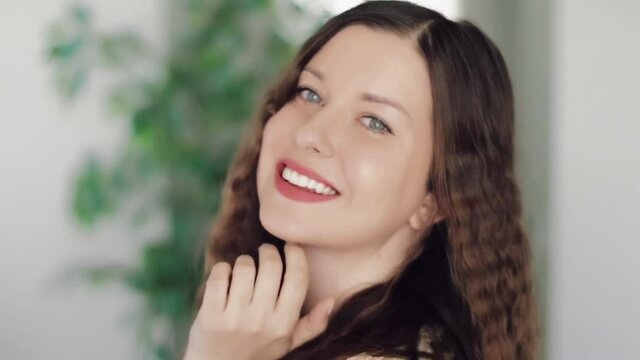 Beauty face portrait of beautiful woman, caucasian model gently touching her face as healthy skin care routine, luxury cosmetic, wellness and skincare commercial ad