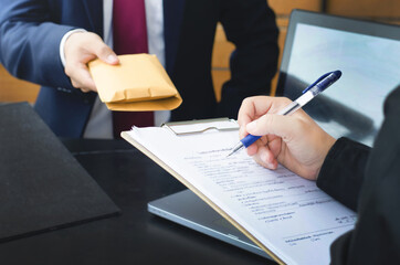 Coruption concepts, Bank employees or businessmen receive bribes from those involved in business...