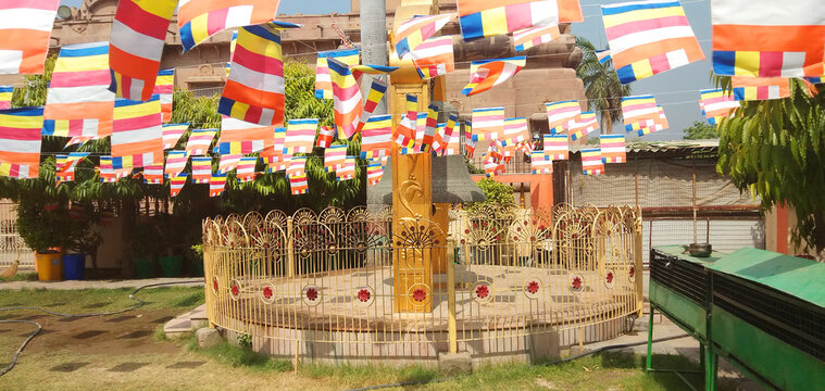 Buddha temple with big bell and flag in Sarnath Varanasi U.P. India
