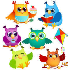 icon set funny cartoon owls in various poses sitting on branches . cute colorful birds on white background. vector illustration