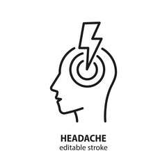Headache line icon. Vector symbol of stress, migraine, head pain, anxiety. Editable stroke.