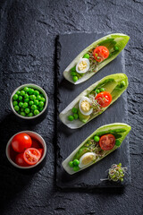 Decomposition of salad in chicory with egg, sprouts and avocado.