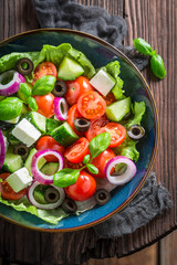 Greek salad with cherry tomatoes, black olives and feta cheese