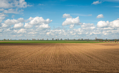 Freshly plowed field on a cloudy day. The photo was taken at the beginning of the spring season in the Dutch province of North Brabant.
