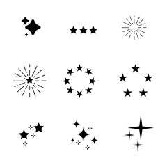 set of silhouettes of stars. Star icon set on white background. Cartoon shine sparkles cartoon symbols, party or holiday celebration sparks silhouettes isolated on white background.