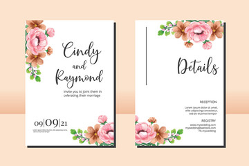 Floral Frame Wedding invitation Card set, floral watercolor hand drawn Peony Flower design Invitation Card Template