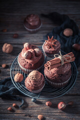 Chocolate cupcake with nuts and cream. Chocolate cupcake with nuts.