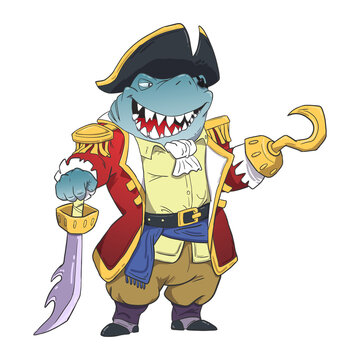 Captain Shark, pirate cartoon character. Hand drawn character suitable for children book illustration
