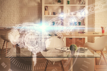 Double exposure of brain drawing and office interior background. Concept of data technology.