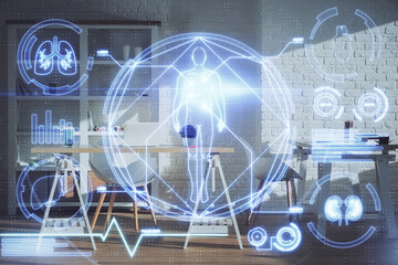 Double exposure of education theme drawing and office interior background. Concept of science.