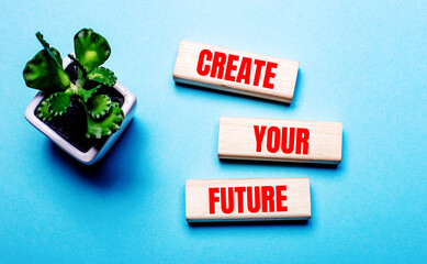 CREATE YOUR FUTURE is written on wooden blocks on a light blue background near a flower in a pot