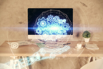 Multi exposure of data theme drawing and office interior background. Concept of technology.