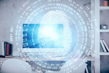 Double exposure of finger print and office interior background. Concept of security.