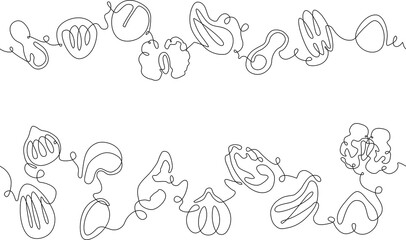 Vector One line Drawing Seamless patterns with Various Nuts and Seeds. Can be yused as background, frame, template, border, backdrop, label, banner, flyer, card, cover, texture.