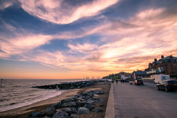 Sunset over the seafront at Felixstowe in Suffolk, UK
