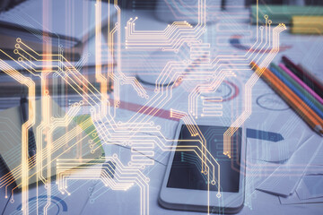 Double exposure of tech theme sketch over cell phone background. Concept of technology