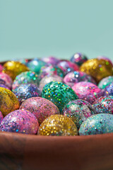 Many colorful shiny eggs. Concept of Happy Easter.