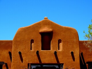 North America, United States, New Mexico, Santa Fe, adobe brick facade
