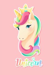 Cute unicorn stickers in flat style. Hand lettering text. Cartoon vector illustration.	