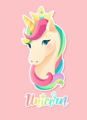 Cute unicorn stickers in flat style. Hand lettering text. Cartoon vector illustration.	