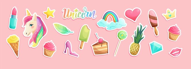 Cute unicorn stickers in flat style. Hand lettering text. Cartoon vector illustration.  © Дарья Михайлова