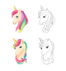 Cute unicorn in flat style. Coloring book for children. Cartoon vector illustration.
