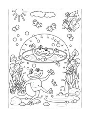 Frogs in a bucket connect the dots full-page picture puzzle and coloring page 
