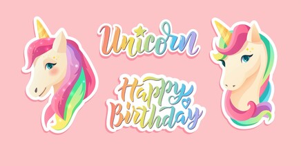 Cute unicorn stickers in flat style. Hand lettering text. Cartoon vector illustration.	