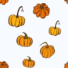 Seamless vector print with cute pumpkins for fabric, wrapping paper or wallpaper. Vegetable autumn background.