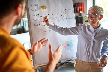 Business colleagues at workplace talking about a graph on the panel. Business, office, job