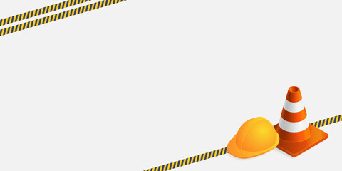 Vector background with orange plastic traffic cones, construction helmet, safety tape and copyspace. Under construction template on light gray background. Vector illustration.