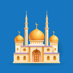Islamic mosque. Holiday of Ramadan, Islam. Building in Islam. Vector flat illustration on blue background.