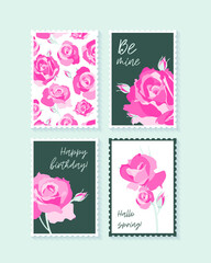 Postcards, stamps for holidays with pink roses. Floral motifs for your holiday