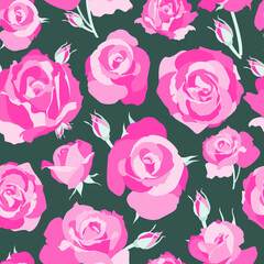 Seamless pattern with vector blooms on dark grey background for textile, scrapbook, home decor, fabric. Pink rose