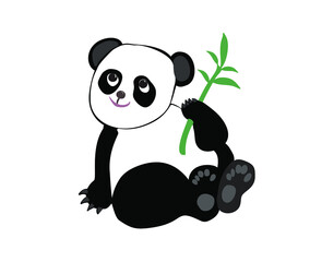 Hand drawn little  dreamy panda with bamboo branch with leaves