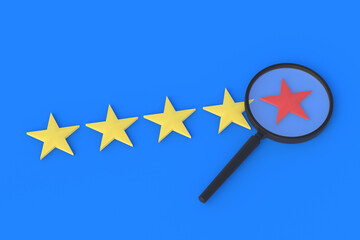 Stars of rating and magnifying glass. Search for a hotel, restaurant with a low rating. Research on the quality of alcohol. Feedback on an app, movie, or music. The result of work done. 3d rendering