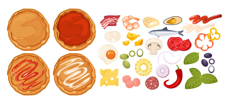 A set of ingredients for collecting pizza, dough, meat and vegetables. Juicy Italian pizza constructor. Vector