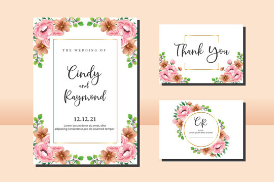 Floral Frame Wedding invitation Card set, floral watercolor hand drawn Peony Flower design Invitation Card Template