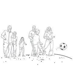 Fototapeta na wymiar Vector illustration of a large family playing football, play time recreation concept