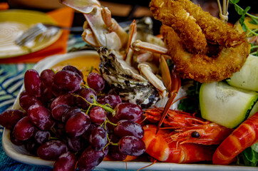 seafood platter with fruit and veggies 