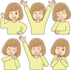 色々なポーズをしている笑顔の女性のイラスト