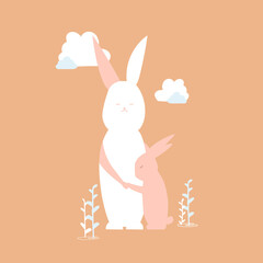 Cartoon bunny mom hugs her little son. Vector illustration drawn by hand on a pink isolated background. Cute animal for the design of T-shirts, prints, postcards. Mother's Day.