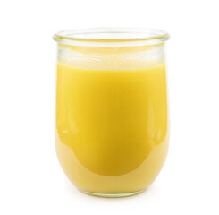  Homemade ghee (Sade yag) in jar.   Ghee is purified butter.    isolated on white background. 