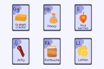 Colorful alphabet flashcard Letter G, H, I, J, K, L - graham cracker, honey, inca berries, jerky, kombucha, lemon.