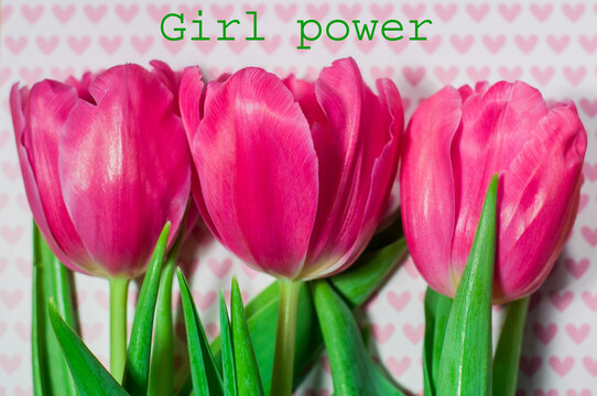 Postcard with the image of beautiful pink tulips on a background of pink hearts for International Women's Day, March 8 or spring holiday. (girl power)