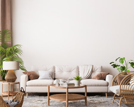 farmhouse interior living room, empty wall  mockup in white room with wooden furniture and lots of  green plants, 3d render