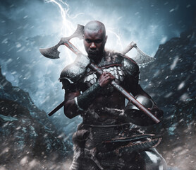 Black skinned viking in armor with helmet and axe in thunderstorm