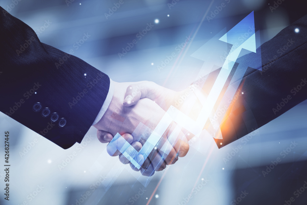 Poster double exposure of arrows drawings hologram and handshake of two men. success concept.