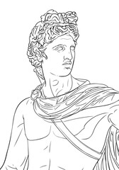 Sculpture portrait of the god Apollo in linear style. Mythological theme for a print on a t-shirt, bag, poster. Vector illustration isolated on white background, EPS 10.