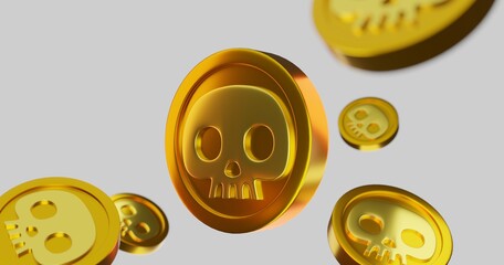 3D rendering illustration of many Golden coins with skull symbol, tokens, concept art, on black color background